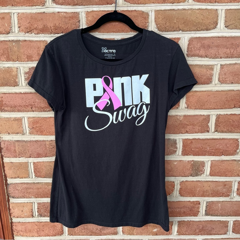 Black and pink “pink swag” ladies T-shirt with pink breast cancer ribbon